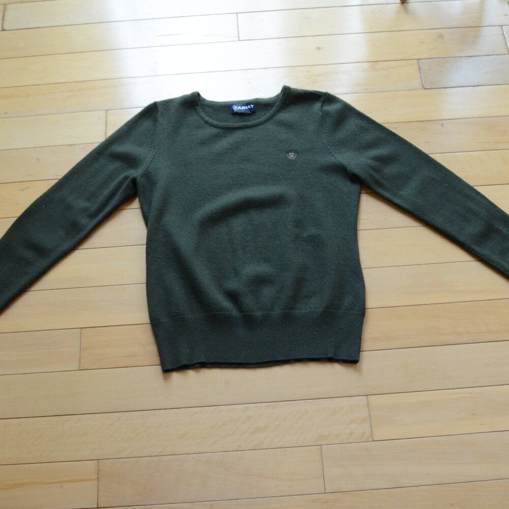 Ariat Women's Merino Wool Blend Sweater Green Pullover Logo Elbow Patches Fits S